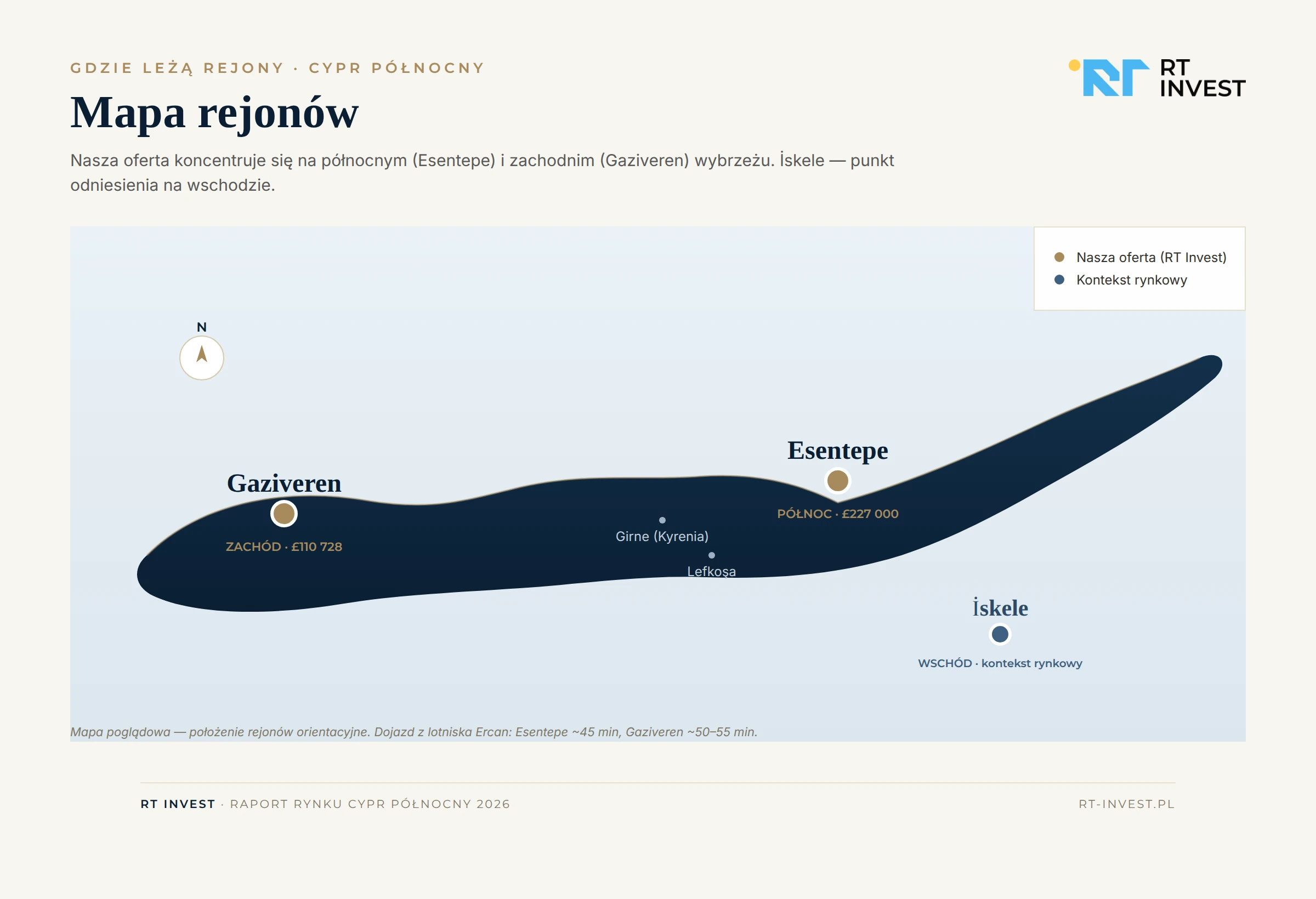 Mapa rejonów Cypru Północnego — Esentepe (północ), Gaziveren (zachód), İskele (wschód)